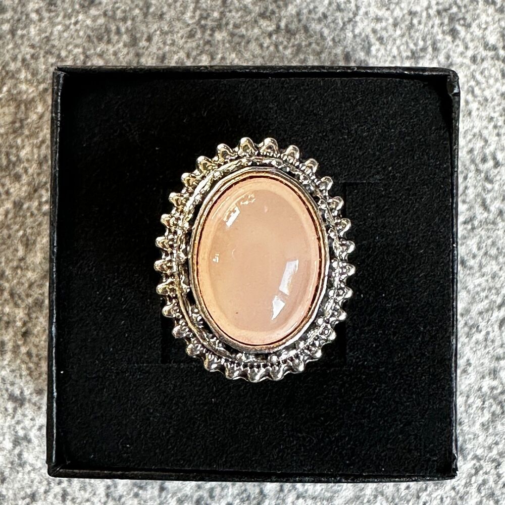 NWB Oval Rose Quartz Vintage-inspired Silver Art Deco Ring Size 9